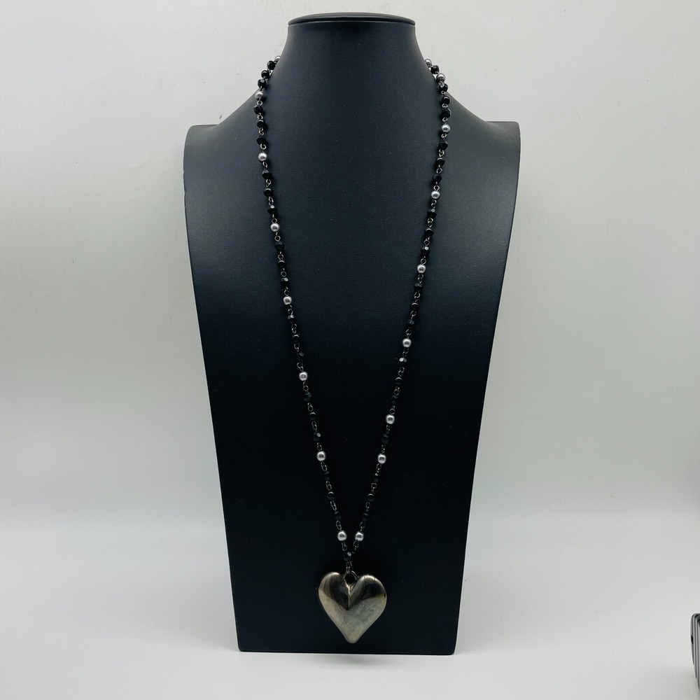 Heart Pendant Necklace Black Beaded Chain Silver Tone Long Fashion Jewelry - Picture 2 of 7